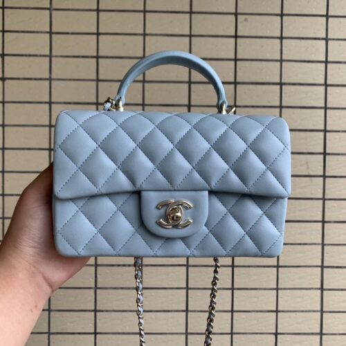 Mini Flap 20cm bag top handle Blue Lamskin 187 king