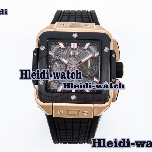 Hublot Square Bang Unico 42mm RG BBF 1:1 Best Edition Skeleton Dial Ceramic Bezel on Black Rubber Strap