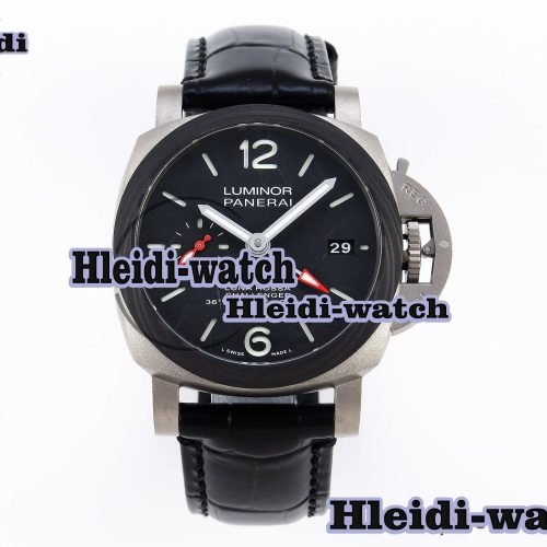 Panerai PAM1096 W LUMINOR GMT 42MM TITANIUM VSF 1:1 BEST EDITION BLACK DIAL ON BLACK LEATHER STRAP P.9011 SUPER CLONE