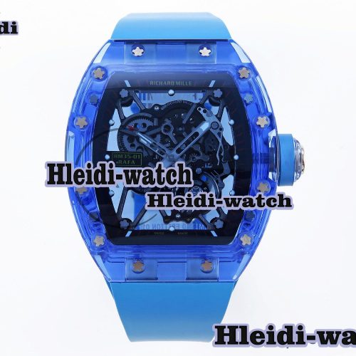 Richard Mille RM035 Blue Transparent RMF Best Edition Skeleton Dial on Blue Rubber Strap Clone RMUL2