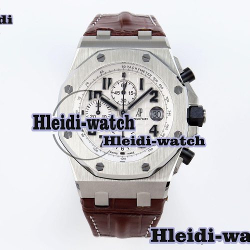 AUDEMARS PIGUET ROYAL OAK OFFSHORE 42MM SAFARI SS APF 1:1 BEST EDITION WHITE DIAL ON BROWN LEATHER STRAP