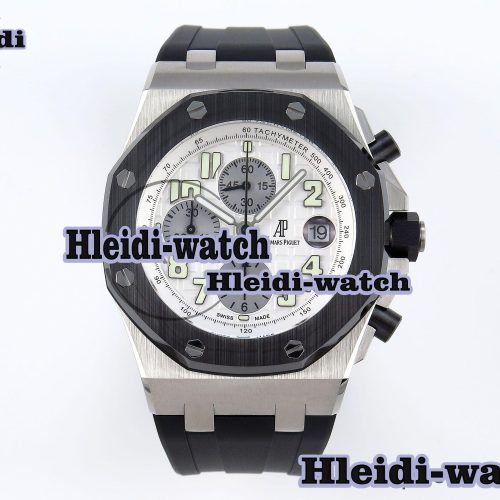 AUDEMARS PIGUET ROYAL OAK OFFSHORE 42MM SS BLACK CERAMIC BEZEL APF 1:1 BEST EDITION WHITE/SILVER DIAL ON BLACK RUBBER STRAP