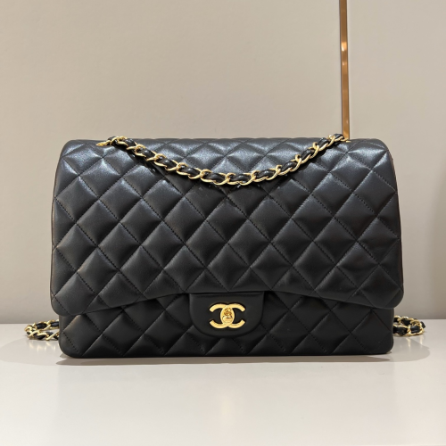 Chanel 33cm Maxi Bag Black Lamskin Leather For God Factory