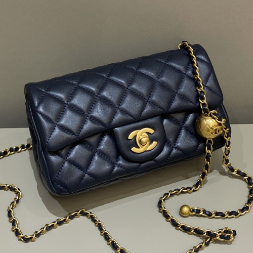 Chanel 20cm Bag Gold Ball Sea Blue Lamskin For God Factory