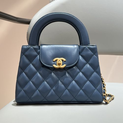 23K Kelly Bag Mini Blue Shiny Aged Calfskin Leather -187 King Version