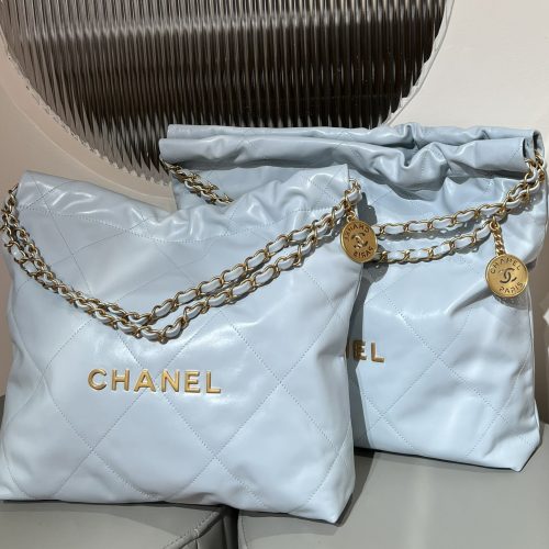 22 Bag Light Grey/Blue Shiny Calfskin Leather Gold hardware-187 King Version